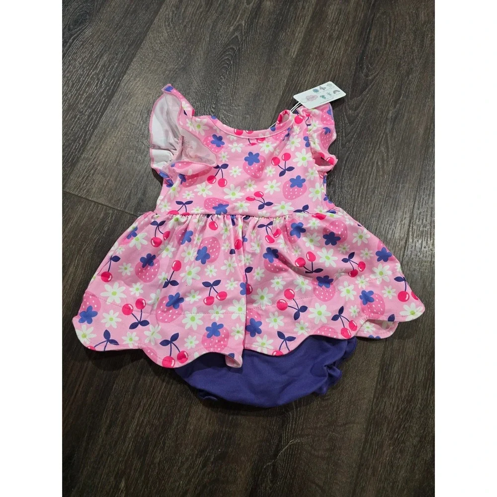 Pete + Lucy Baby Girl Pink Strawberry Cherry Floral Dress Bloomer Set 9-12M NWT